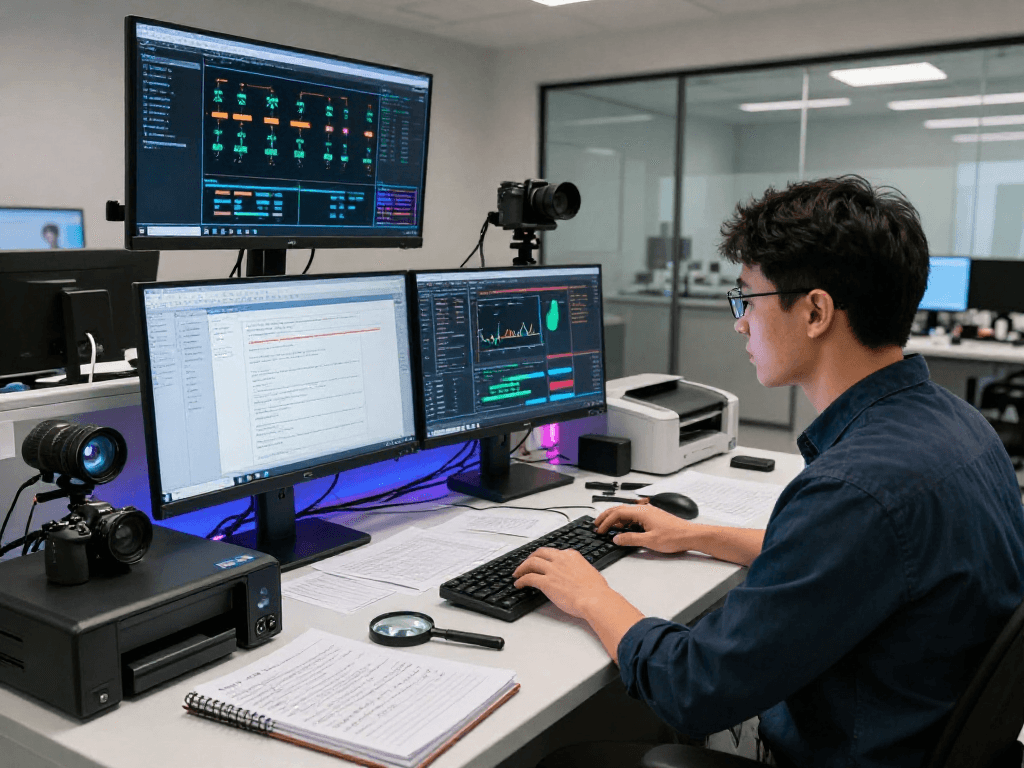 Comprehensive document fraud detection analysis in a high-tech lab showcasing advanced forensic techniques and sophisticated tools.
