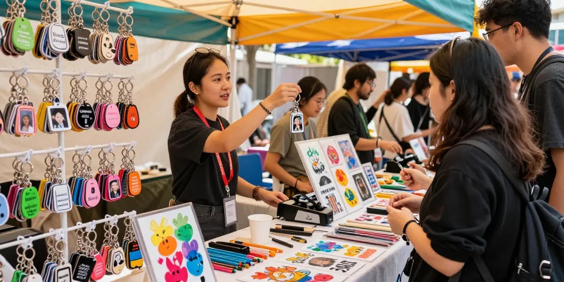 Engaging scene of a shopper exploring personalized keychains at a vibrant market stall, showcasing custom designs.