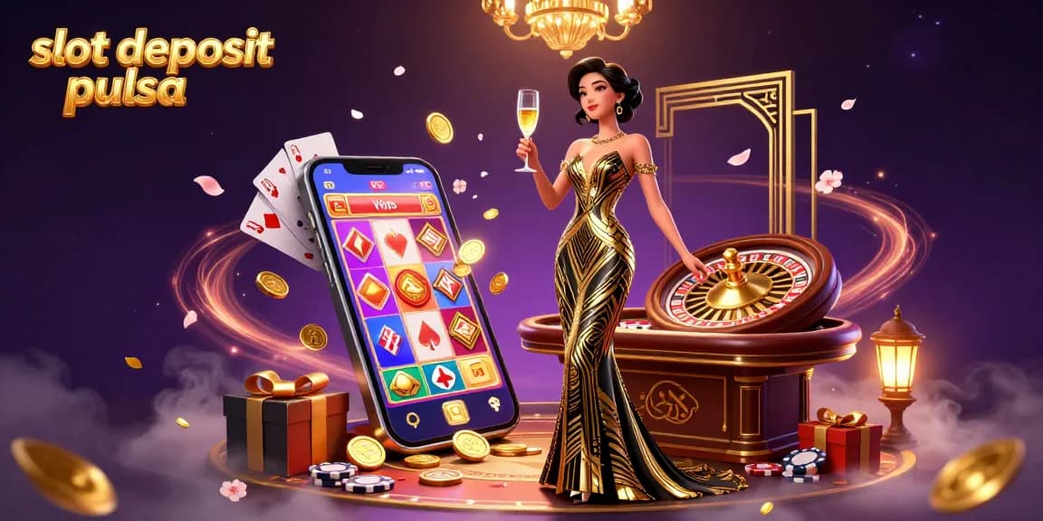 Engage in slot deposit pulsa activities with an elegant Asian woman, vibrant slot games, and casino thrills.