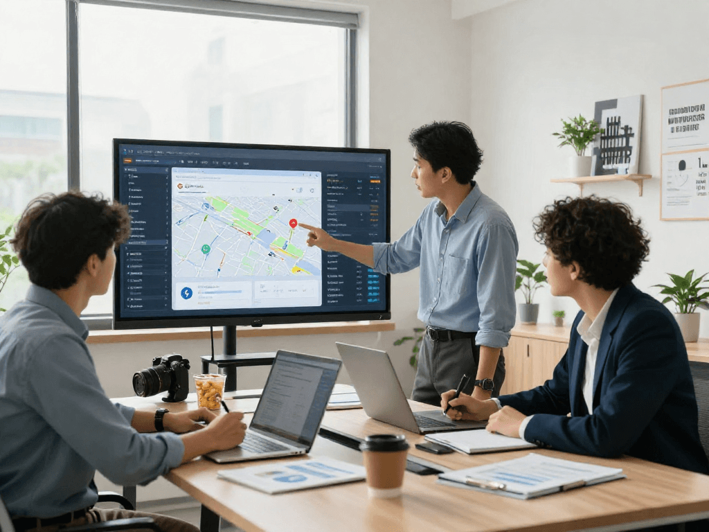 Operators discussing Google Maps SEO services in a modern office, showcasing innovative marketing strategies for local dominance.