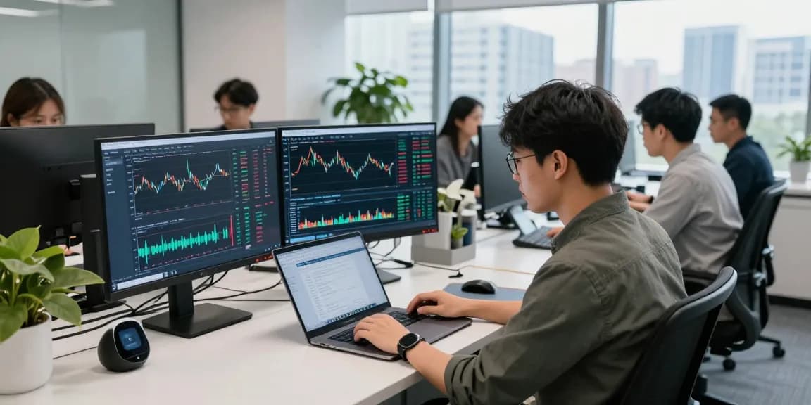 开发者在现代办公环境中实时分析期货WebSocket实时推送数据，突出技术氛围。