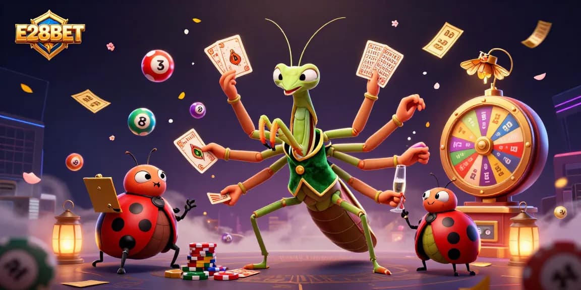E28BET players enjoy a vibrant casino scene with a cartoon mantis dealer and lively game elements.