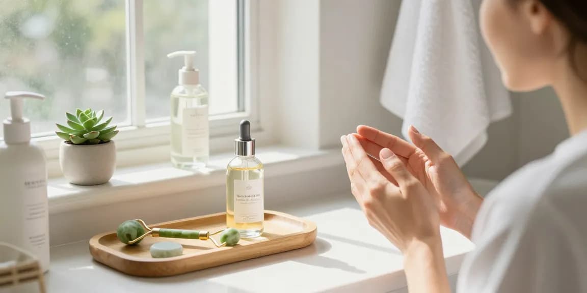 Nourish and Hydrate Serum application in serene bathroom setting, showcasing skincare beauty routine and self-care.