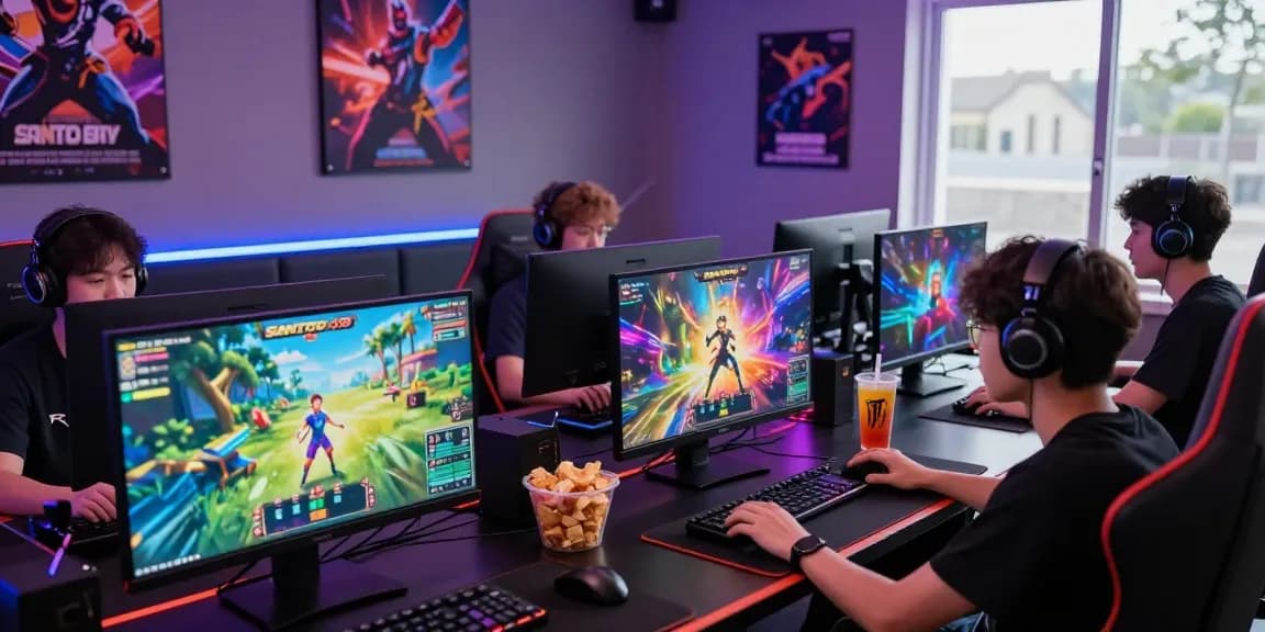 Pengalaman bermain santoto4d dengan pemain terlibat di depan layar berwarna-warni dalam suasana gaming yang nyaman.