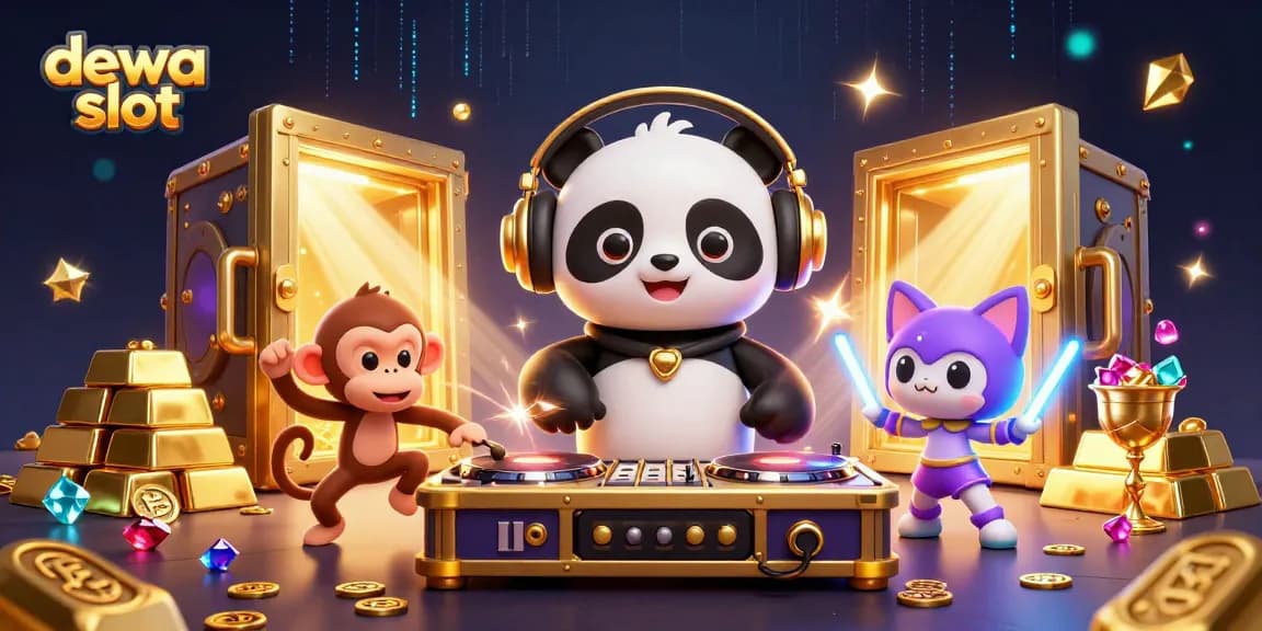 Spin the reels with dewa slot as DJ panda, monkey, and kitten create a vibrant casino party.