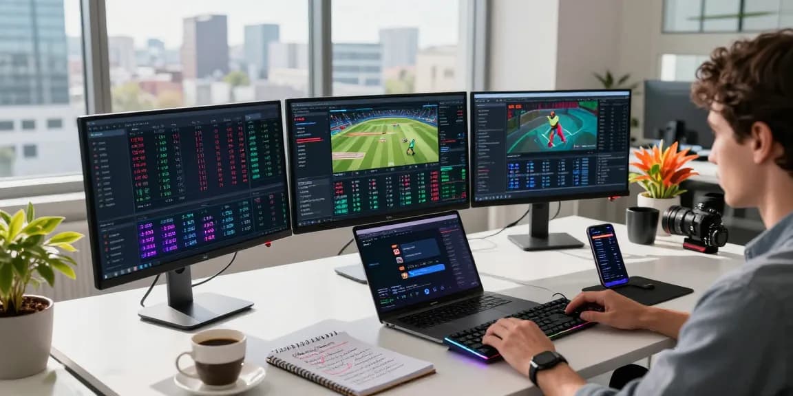 Funexchange user-friendly trading setup with live sports betting data and cryptocurrency market analysis in a modern office.