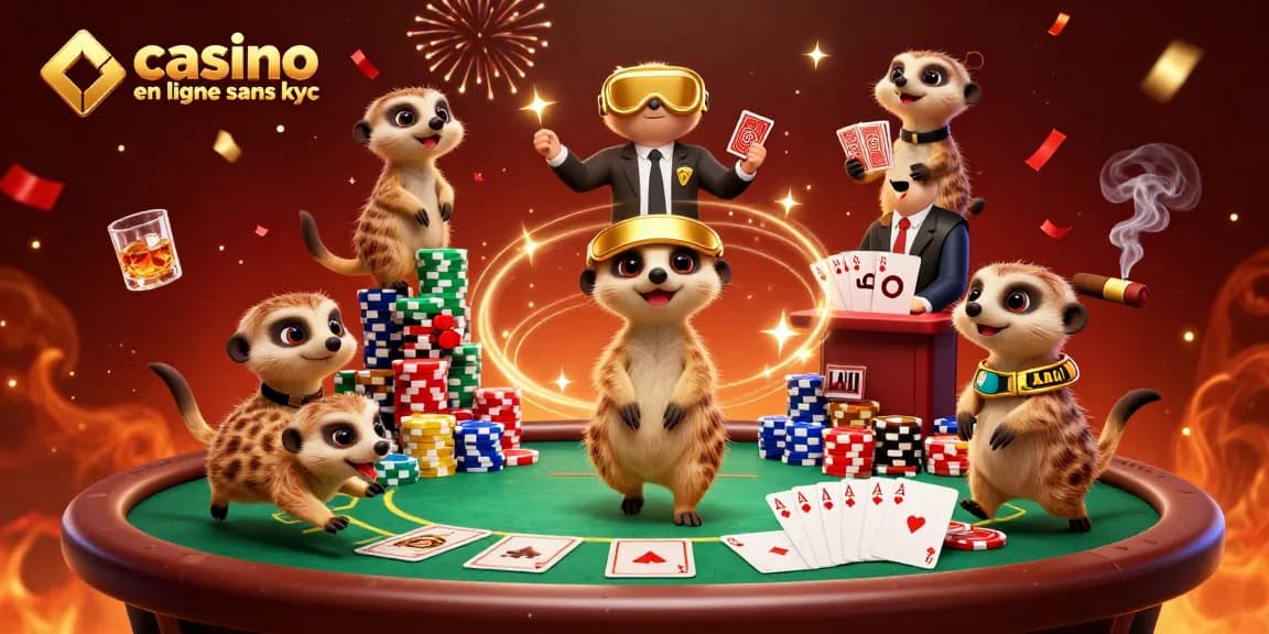 Profitez de l'excitation du casino en ligne sans KYC avec des suricates animés jouant aux cartes, entourés de jetons colorés.