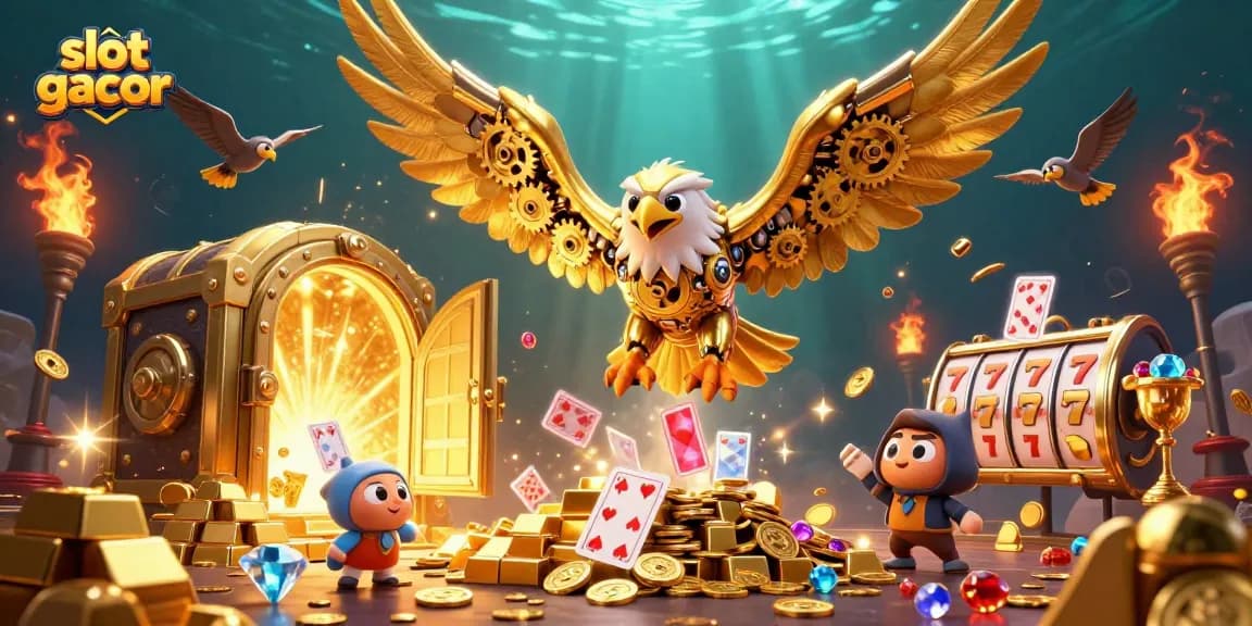 Slot gacor menarik perhatian dengan burung elang cybernetic terbang di tengah permainan kartu.