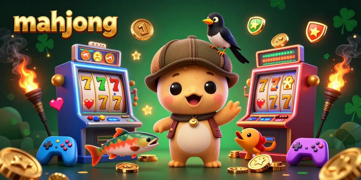 Experience mahjong excitement with a playful Nessie, magpie, and tartan salmon in a vibrant casino scene.
