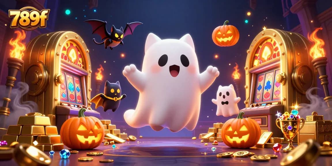 Experience thrilling gameplay with the animated 789f ghost cat and bat amidst casino treasures.