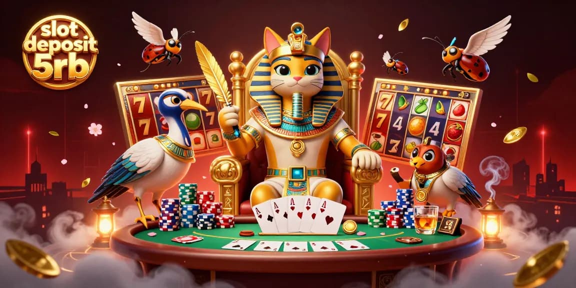 Experience the thrill of slot deposit 5rb with a vibrant 3D casino scene featuring Egyptian characters and dynamic game elements.