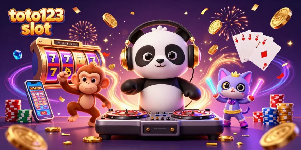Spin to win with toto123 slot, illustrated by a DJ panda, dancing monkey, and rave kitten amidst jackpots.