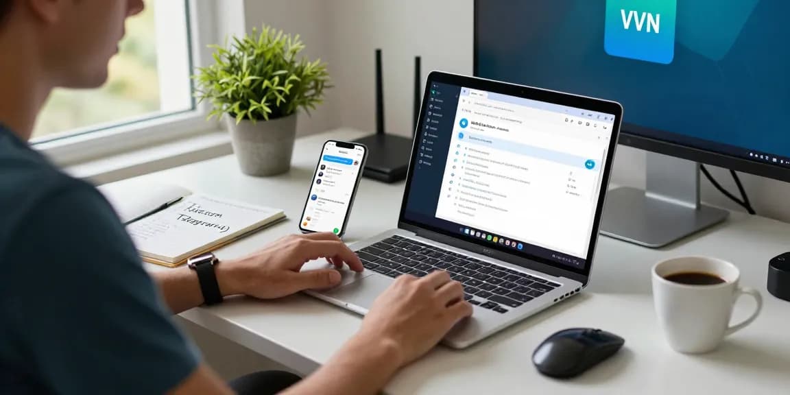 Accessing Telegram in China solution with VPN settings displayed on a laptop screen in a modern home office.