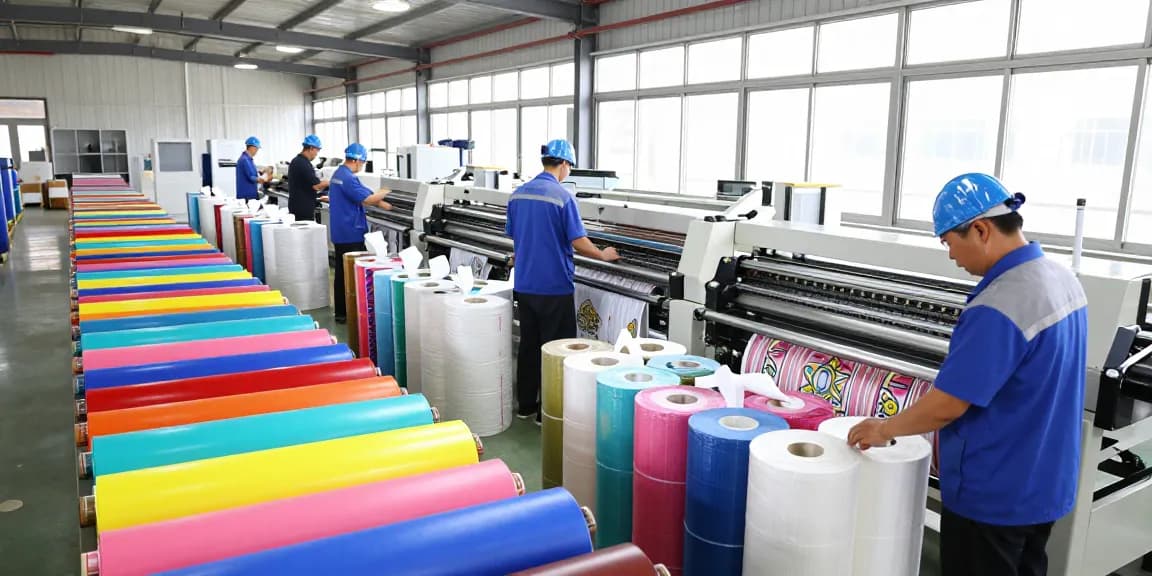 Production of flat bottom bags in a modern packaging facility with vibrant colors and skilled workers.