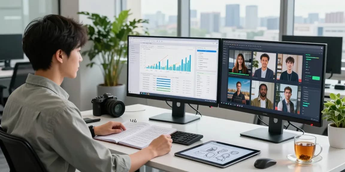 AI image detector software being used by a data analyst in a modern tech workspace.