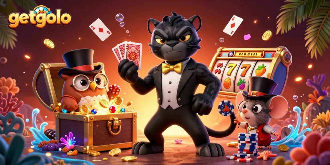 getgolo showcases a stylish panther dealing cards amidst a vibrant casino scene filled with treasures.