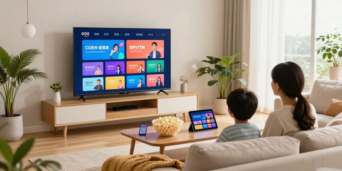 Famille regardant des chaînes variées avec abonnement IPTV Belgique dans un salon lumineux