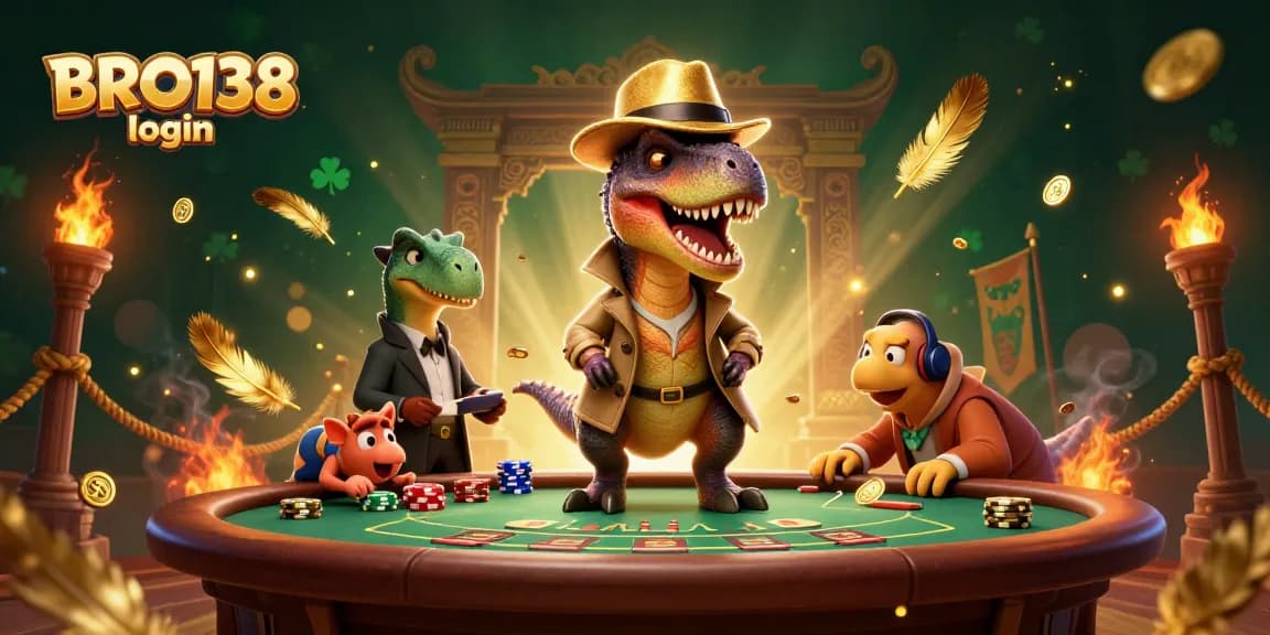 Engage with the thrilling BRO138 login scene featuring iconic characters navigating a lively casino atmosphere.
