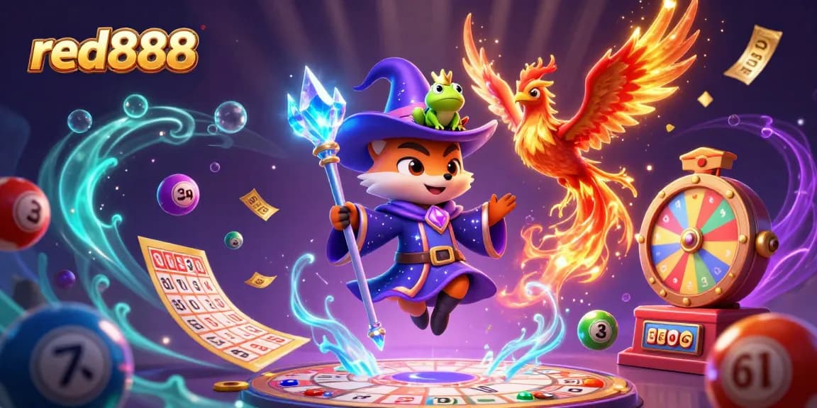 Play thrilling games at red888 with a wizard fox and phoenix amid vibrant casino elements.
