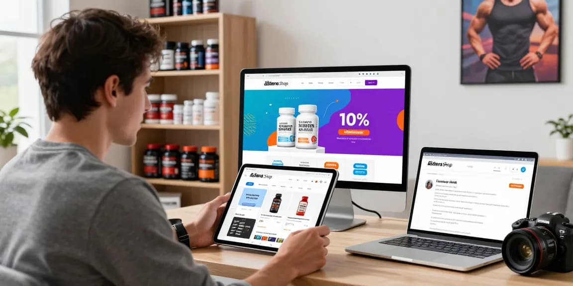 Excited customer exploring the Astera Shop online, browsing steroid products with promotional discounts.