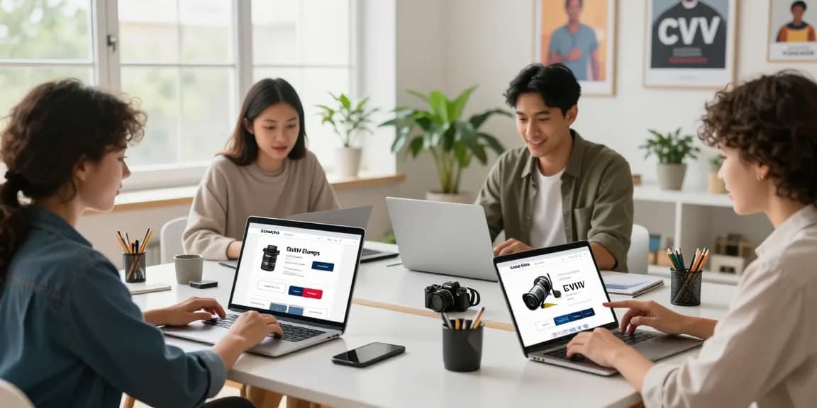 Engaged customers exploring a dumps shop website, showcasing premium CVV dumps and CC dumps in a lively workspace.