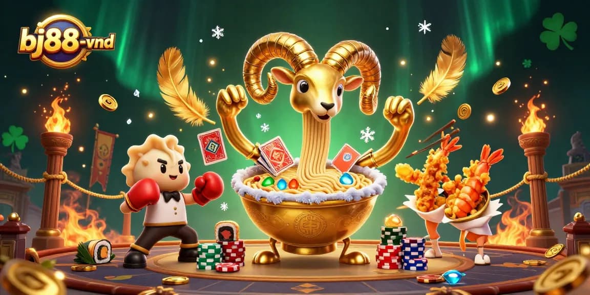 Explore exciting gaming with bj88-vnd, featuring a dynamic 3D casino illustration packed with vibrant elements.