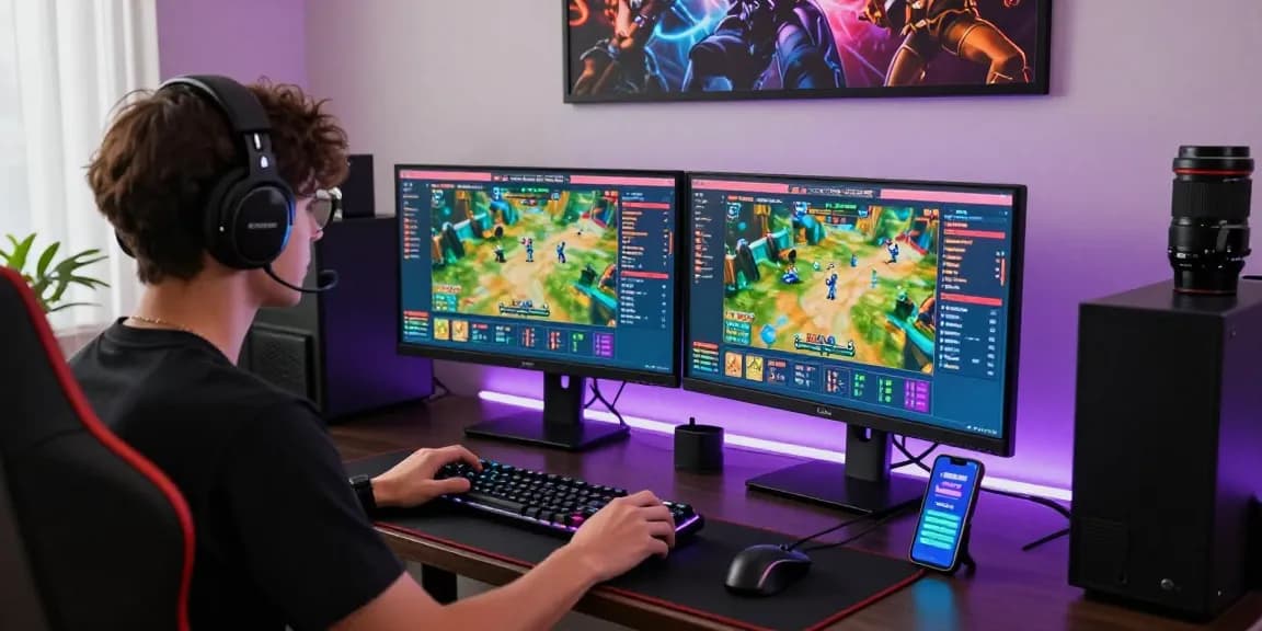 Engaging in a safe and reliable 토토사이트 experience with vibrant gaming setup and dual monitors