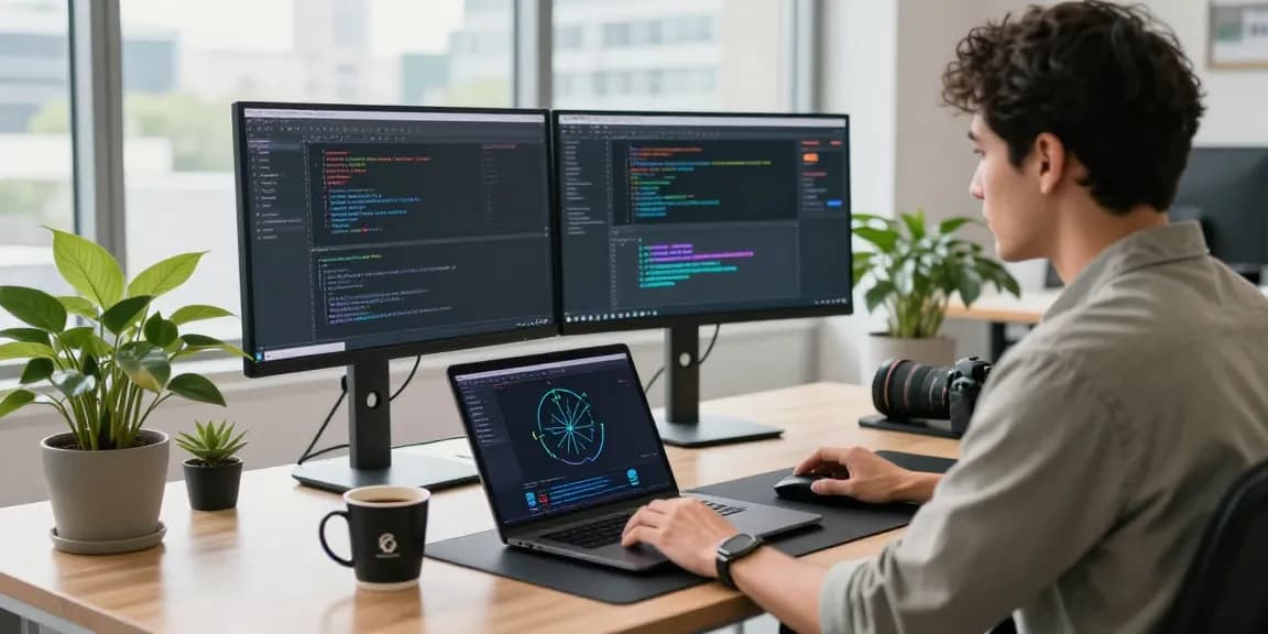 快连 developer optimizing network solutions in a bright tech workspace with dual monitors and city view.