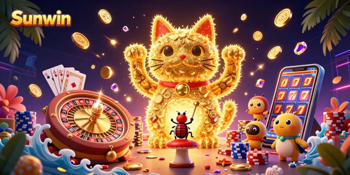 Experience the excitement of Sunwin with golden fireflies and casino symbols lighting up the scene.