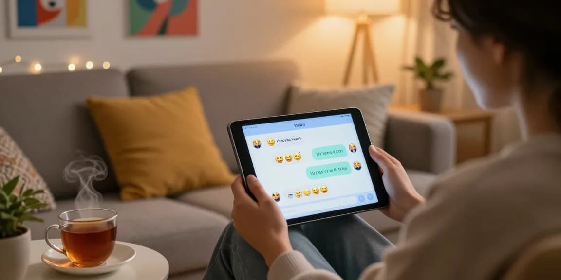 Immersive scene of a cozy room with a user chatting using an nsfw chat bot on a tablet, warm ambiance and playful decor.