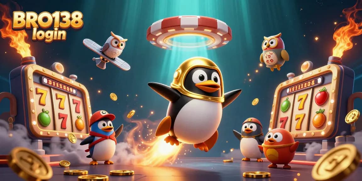 Experience the thrill of winning with BRO138 login as a golden penguin blasts through a vibrant casino universe.