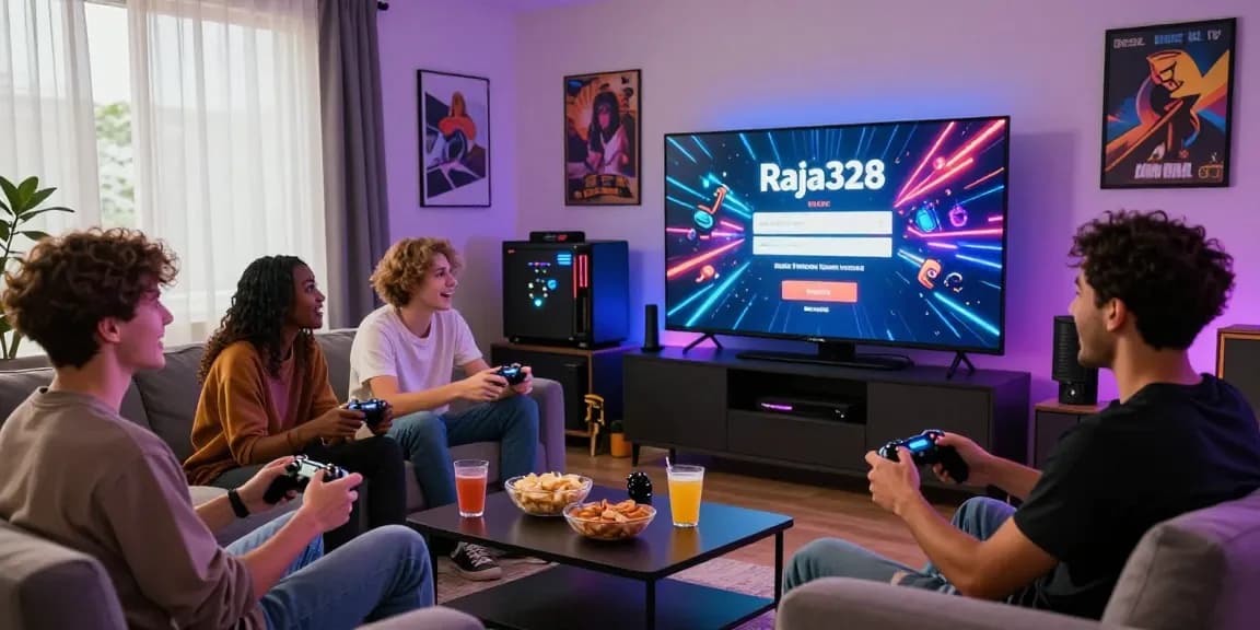 Players enjoying the Raja328 gaming platform with excitement during a game night, vibrant atmosphere and engaging setup.