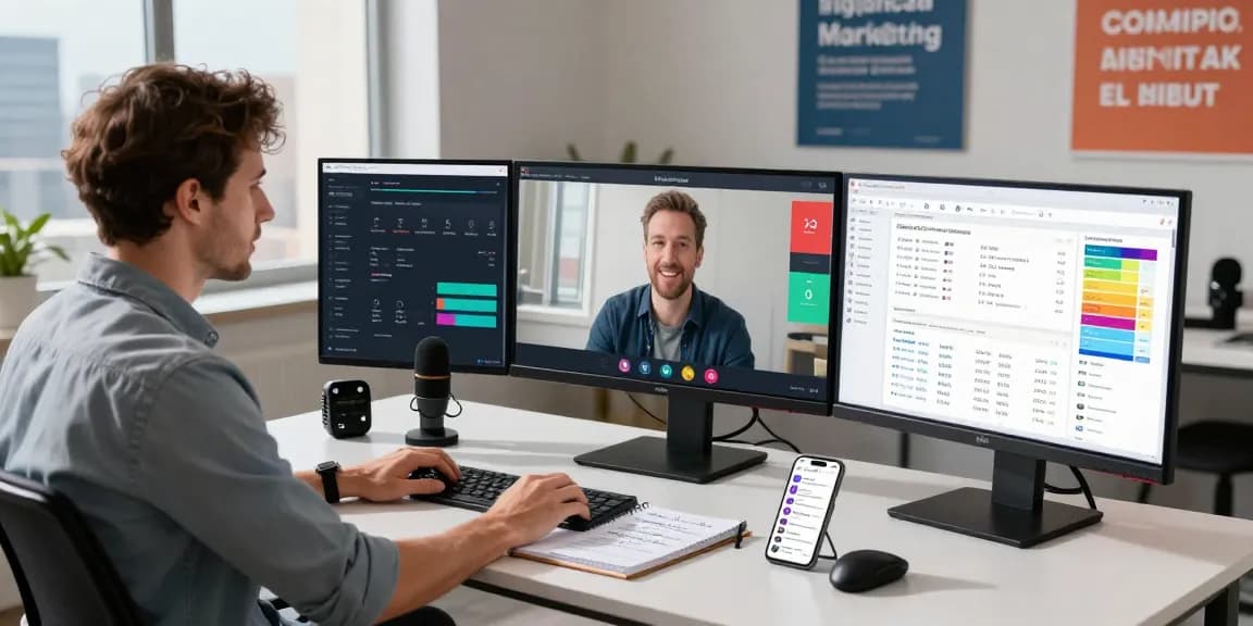 Nathan Garries strategizing digital marketing in a modern workspace, with analytics dashboards and vibrant city backdrop.
