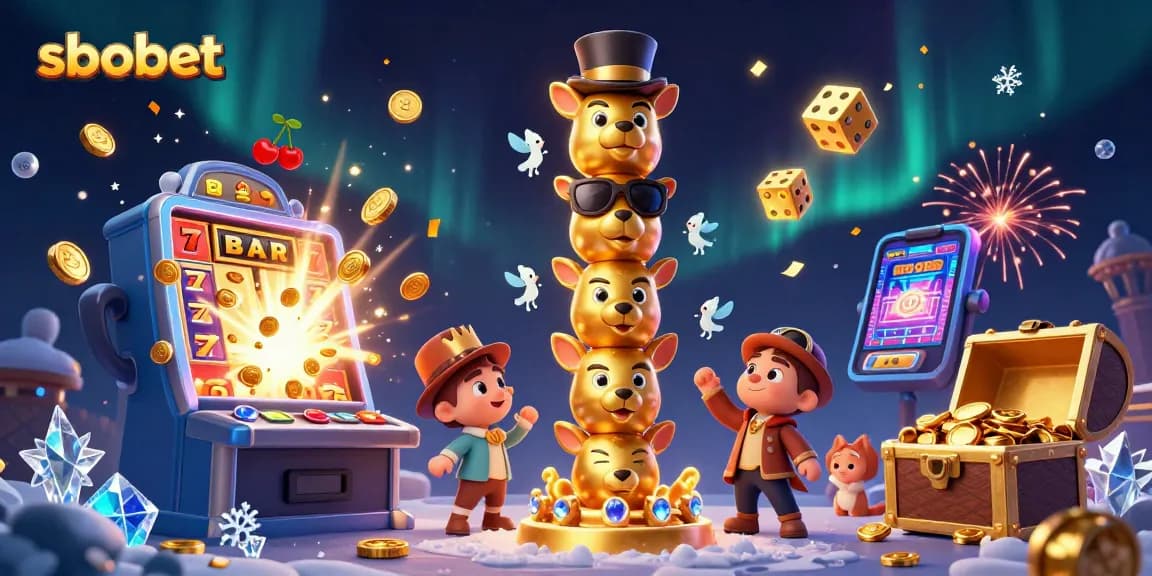 Experience thrilling sbobet gaming with a vibrant 3D illustration of a golden totem and jackpot slots.
