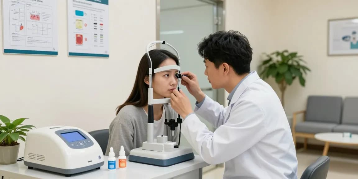 Dry Eye Treatment in a modern clinic with an ophthalmologist examining a patient.