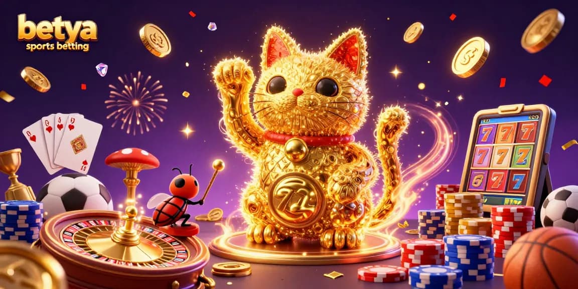 Experience the excitement of betya sports betting with a vibrant scene featuring a lucky cat, sports balls, and dynamic casino elements.