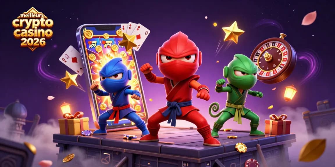 Expérimentez les meilleurs crypto casino 2026 avec un effet visuel dynamique de jeux et personnages.