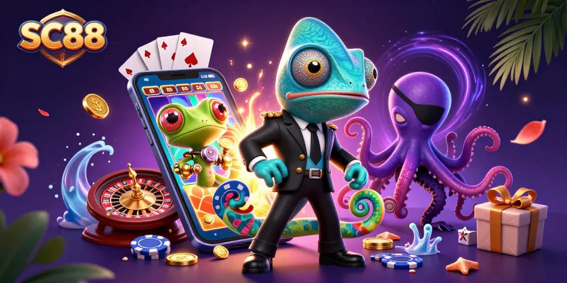 Enjoy SC88's vibrant gambling action with a chameleon, gecko, and octopus amidst colorful casino elements.