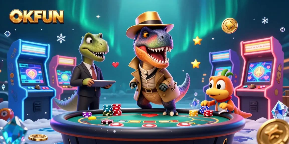 Place bets with OKFUN at a vibrant casino scene featuring fun cartoon characters.