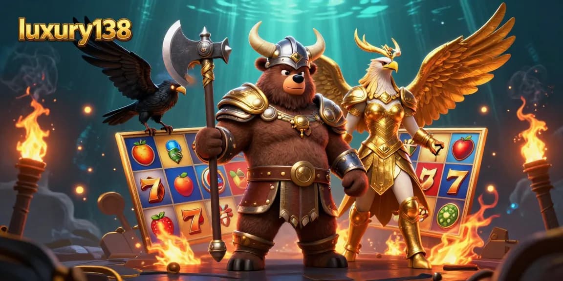 Immerse in luxury138's vibrant casino scene with Viking characters amid glowing slot reels.