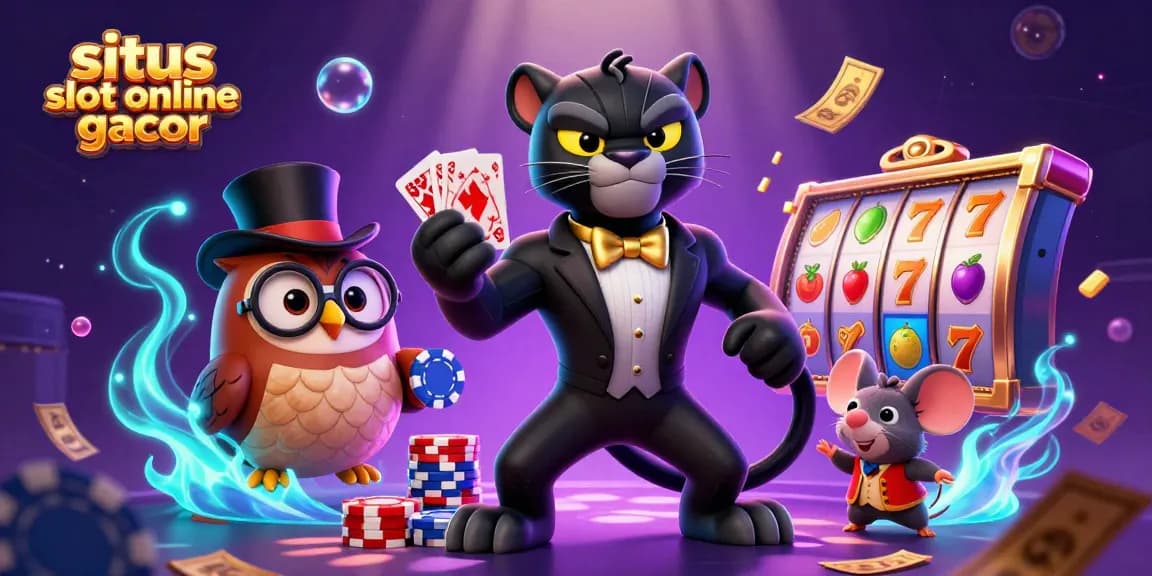 Situs slot online gacor menampilkan ilustrasi 3D kartun panther, burung hantu, dan tikus beruntung di kasino.