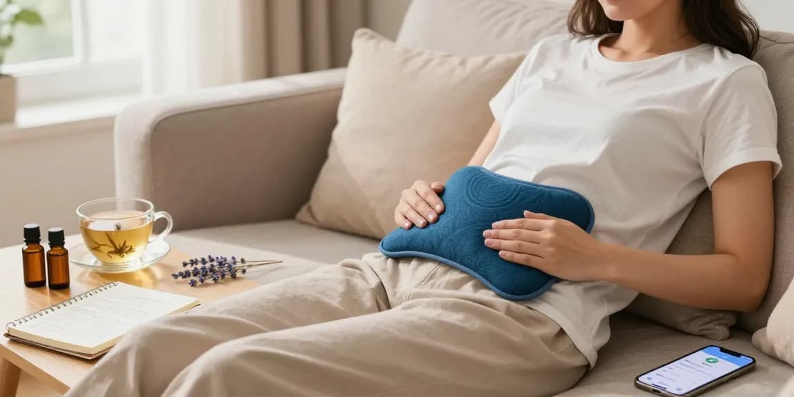 Soothing setup for لتخفيف آلام الدورة الشهرية بسرعة with herbal teas, heating pad, and relaxation items.