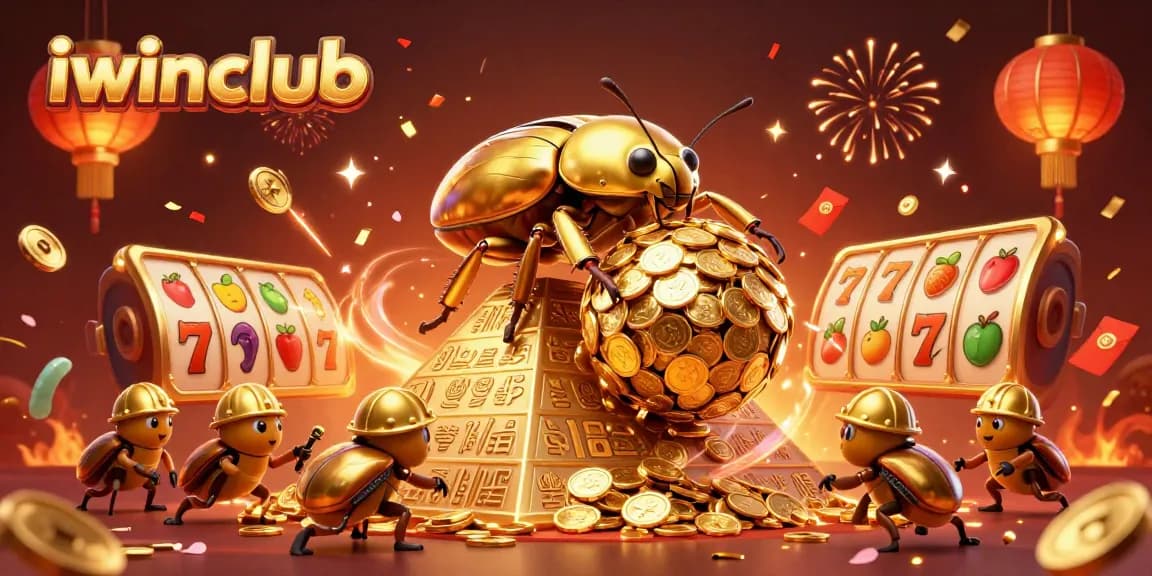 Experience gaming at iwinclub with this vibrant 3D scene of golden beetles and slot reels.