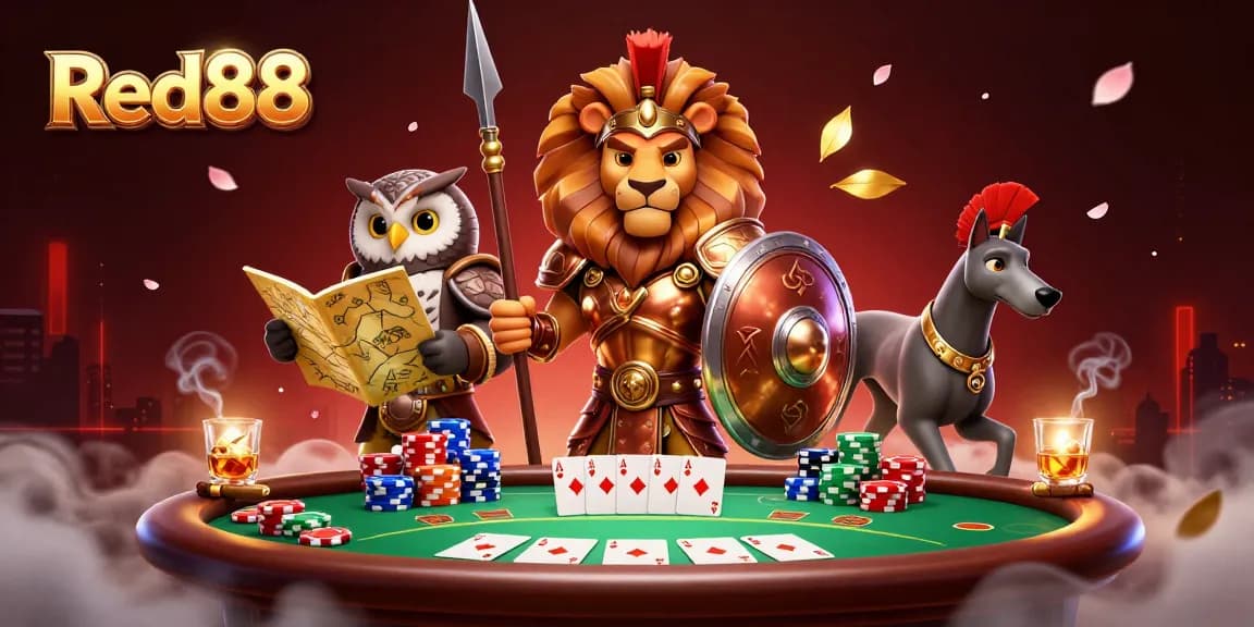 Red88 attracts players with a dynamic poker scene featuring a Spartan lion and strategic owl.