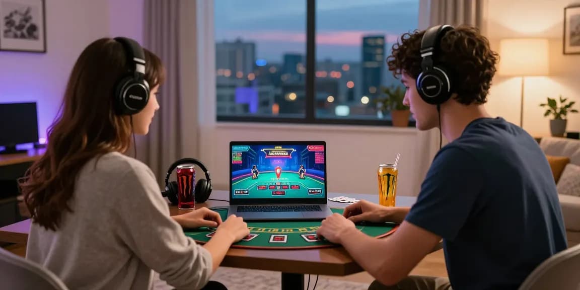 Engaging online gaming experience with 鉅城娛樂 players enjoying live blackjack in a vibrant home environment.