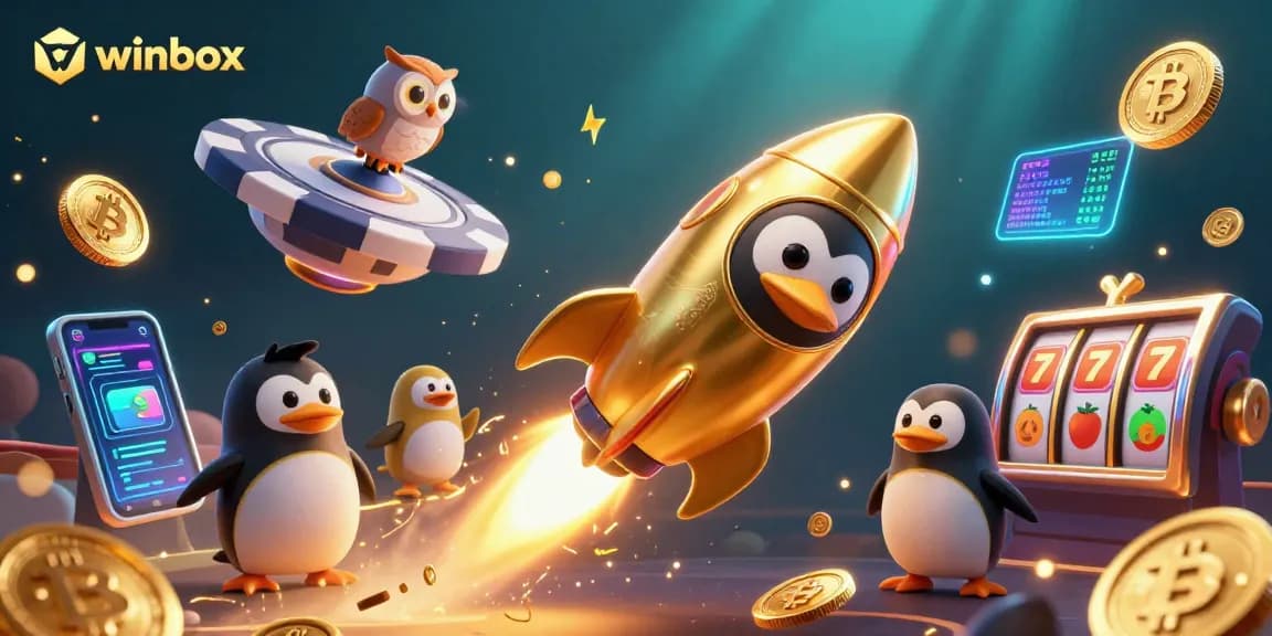 Engage with winbox's vibrant slots and crypto-themed 3D illustration featuring a golden penguin and rich casino elements.