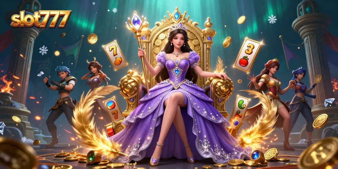Experience slot777 excitement with a majestic Asian princess holding a scepter amidst swirling coins and slot reels.