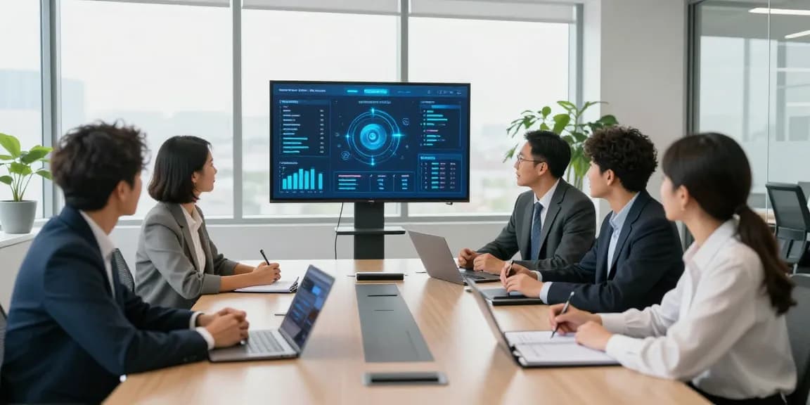 Telephony for business solutions in a modern corporate setting with professionals collaborating on advanced communication strategies.