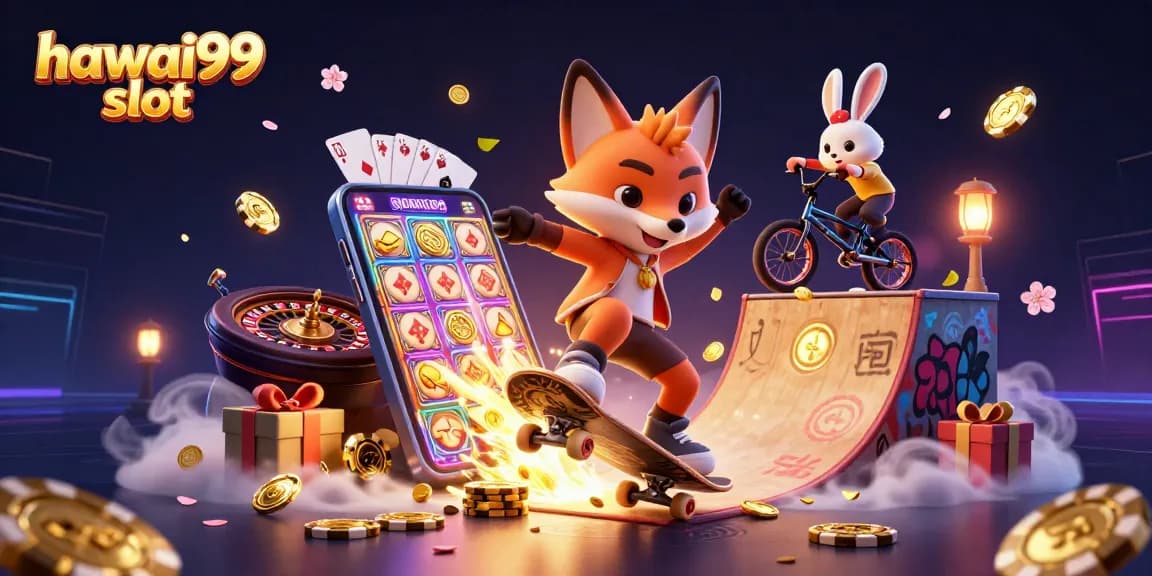 Experience high-energy hawai99 slot gameplay with a whimsical scene of animated foxes and casino elements.