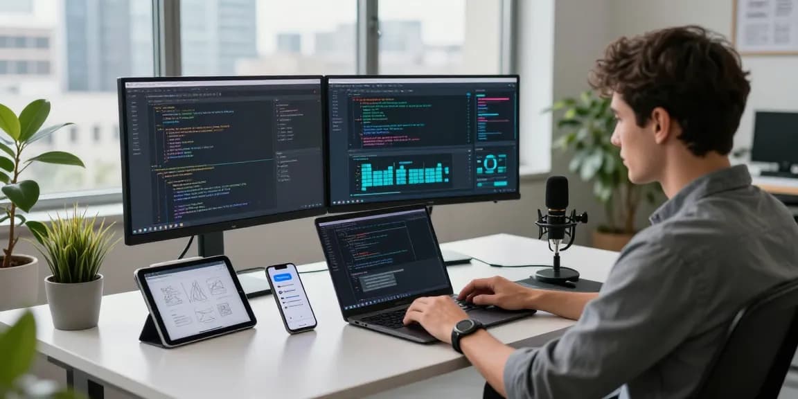 Engaged developer at modern workspace using telegraimin.com to code and analyze data.